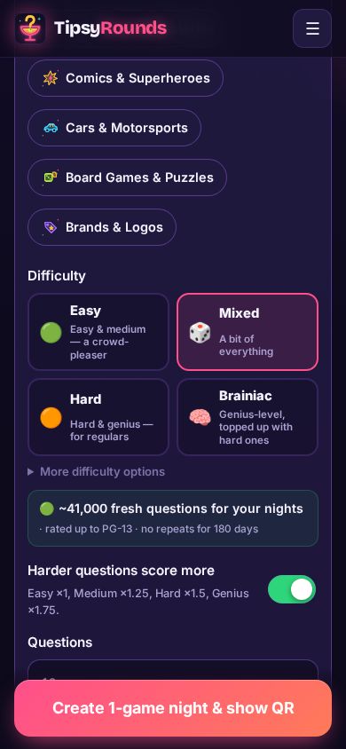 The difficulty chips: Easy, Mixed, Hard and Brainiac