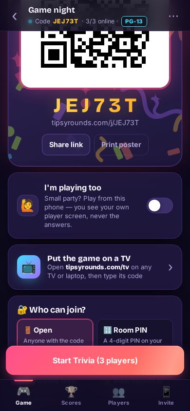 The I’m playing too card on the host screen