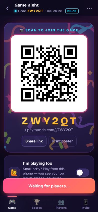 The host phone showing the join QR code and the game code