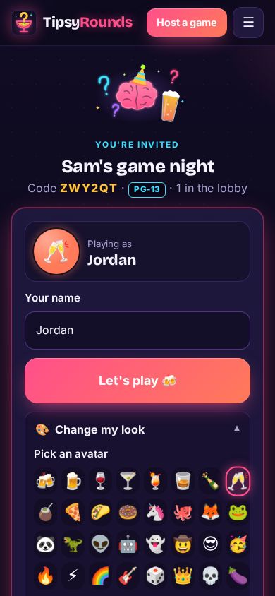 The join screen with a name, avatars and glow colors