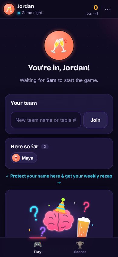 A player phone in the lobby: You’re in, waiting for the host
