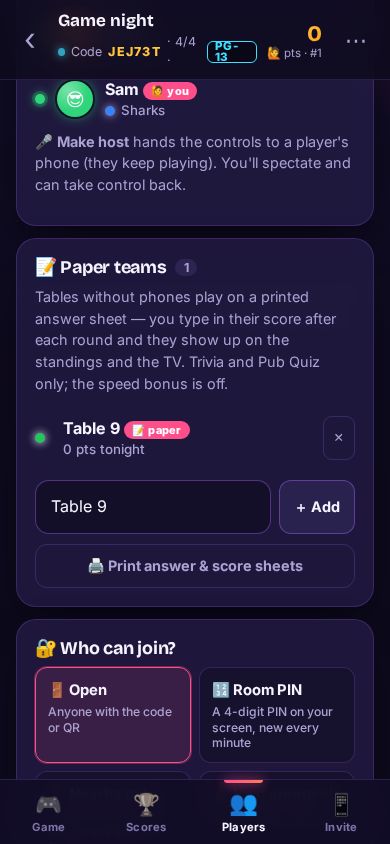The Paper teams card with Table 9 added