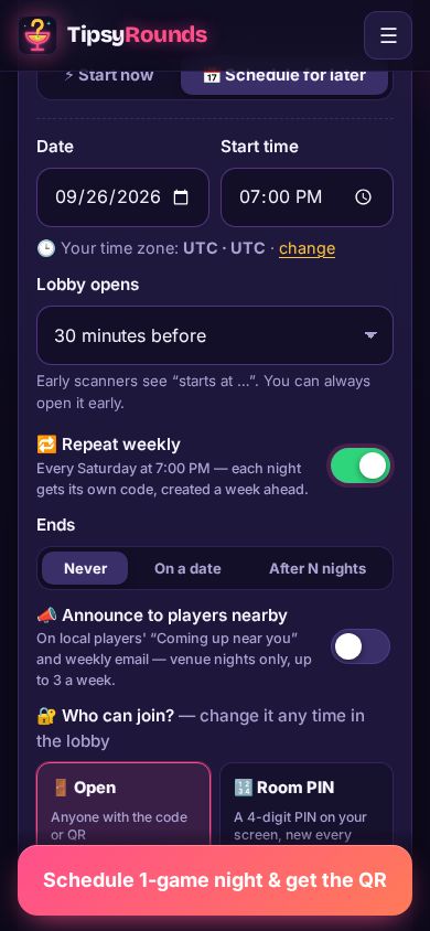 Lobby opens and the Repeat weekly switch
