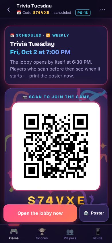 A scheduled nightโs host screen with its date, QR code and Poster button