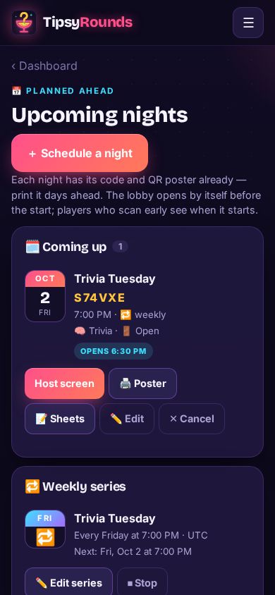 The Upcoming nights list with Host screen, Poster, Edit and Cancel
