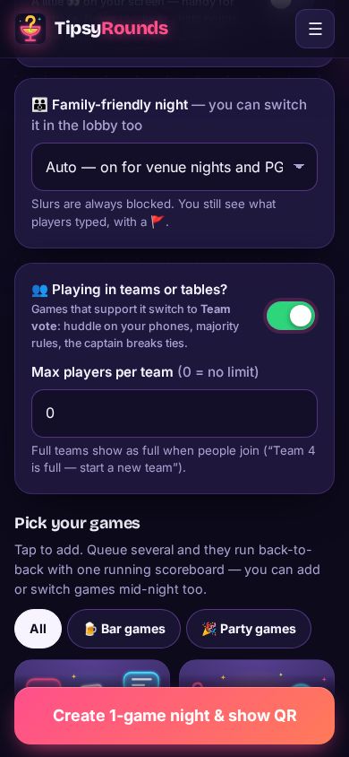 The Playing in teams or tables switch turned on, with Max players per team