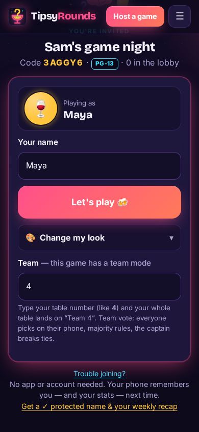 The join screen’s Team field with 4 typed in