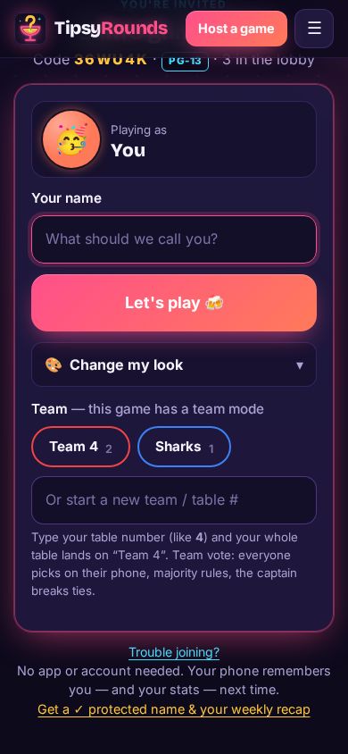 Team chips on the join screen: Team 4 and Sharks