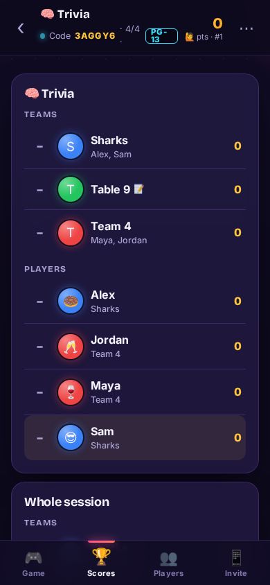 The host Scores tab with teams and players