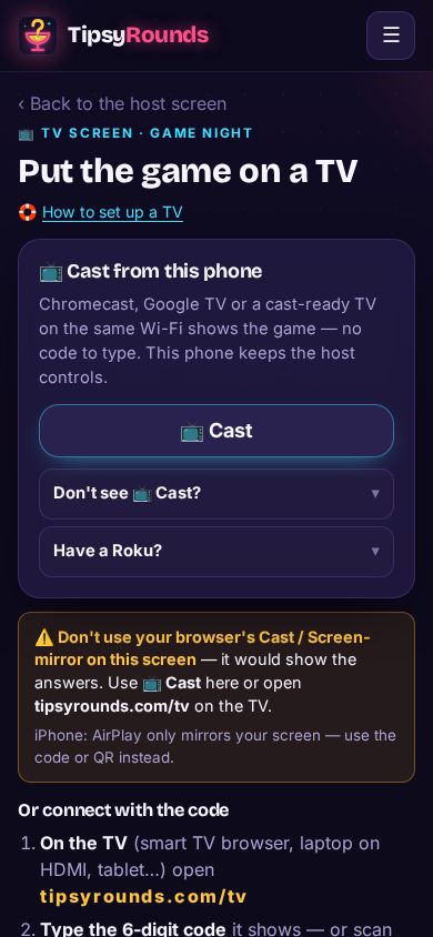 The Put the game on a TV page with the Cast button