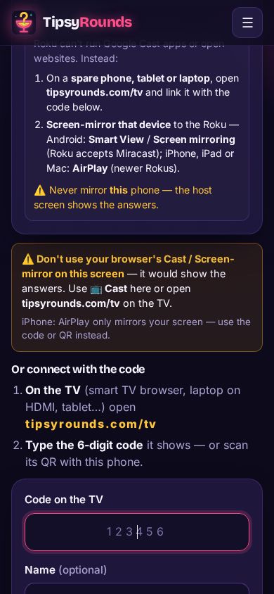 The warning: don’t use your browser’s Cast or screen mirroring on this screen