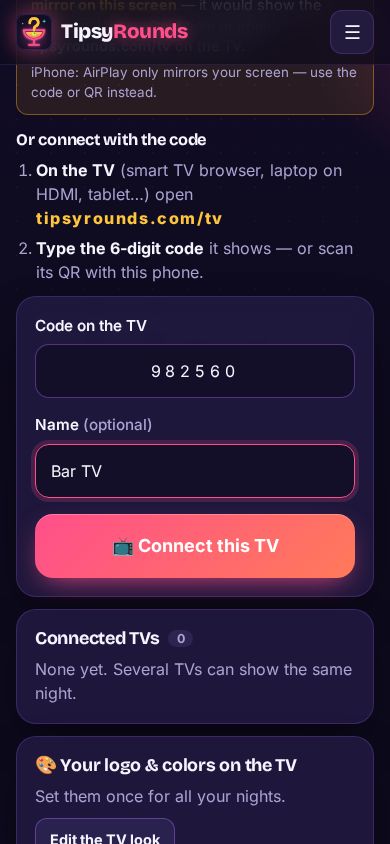 The TV code and name typed in, and the Connect this TV button