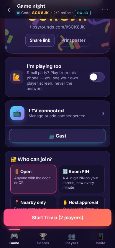 The Cast button under the TV card on the host screen