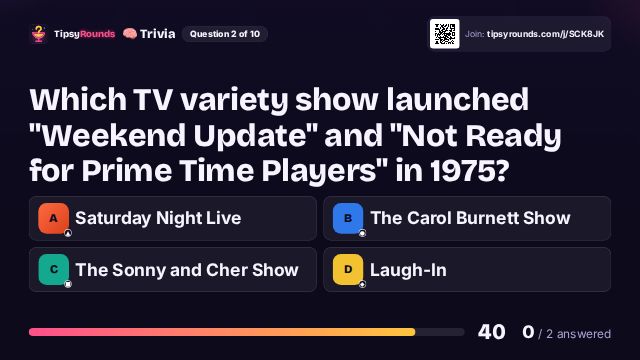 The TV showing a trivia question with four choices and a countdown