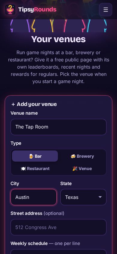 The Add your venue form with name, type and city
