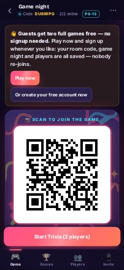 Host phone showing the join QR code and the players in the lobby
