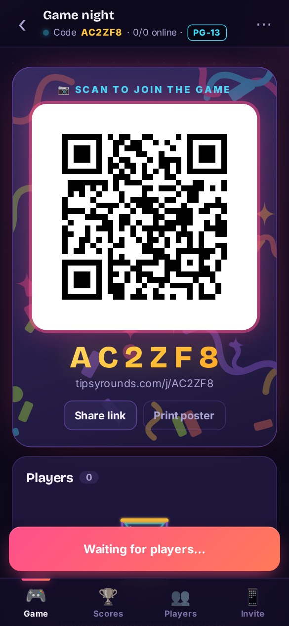 Host phone showing a new TipsyRounds game night with its QR code and 6-letter join code