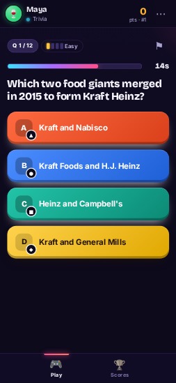 Player phone showing a multiple-choice trivia question