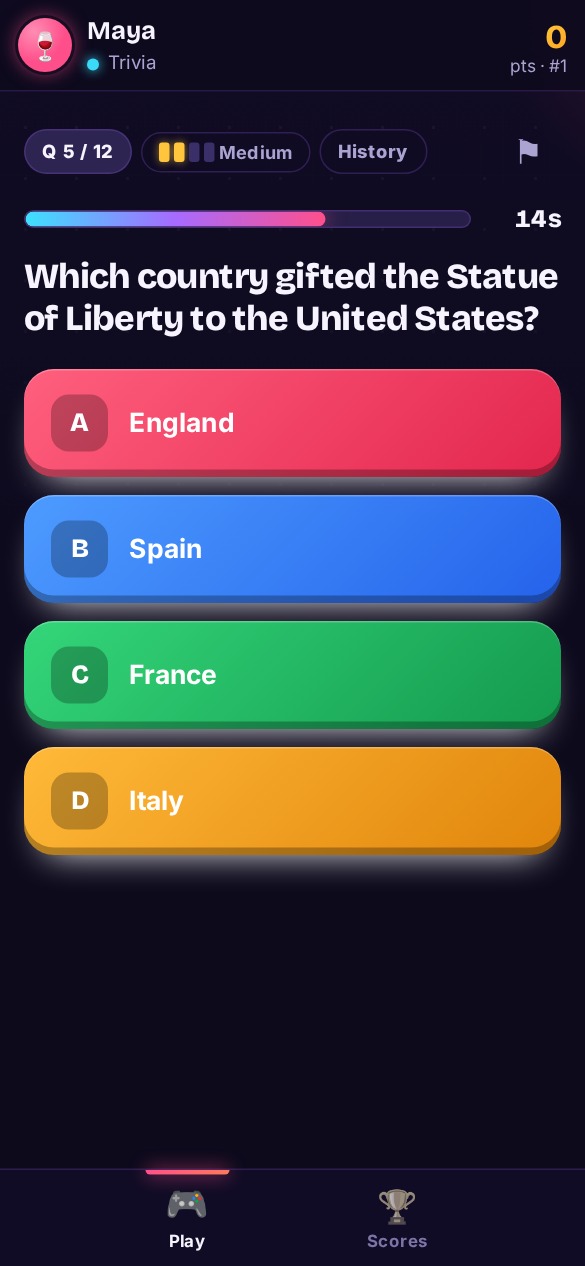 Player phone showing a multiple-choice trivia question with four answer buttons